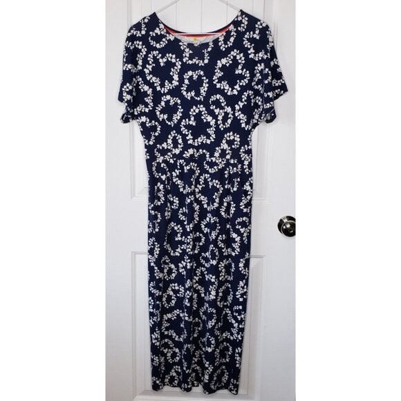 Boden Short Sleeve Midi Dress Womens 6 Blue Floral Pleated Pockets Slit Pullover - Picture 1 of 12